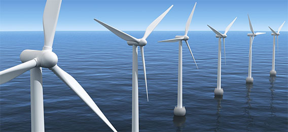 Conceptual CGI of wind turbines on the ocean (cgi)