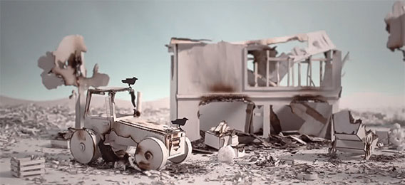 Paper model of a farmhouse ruin (video frame)