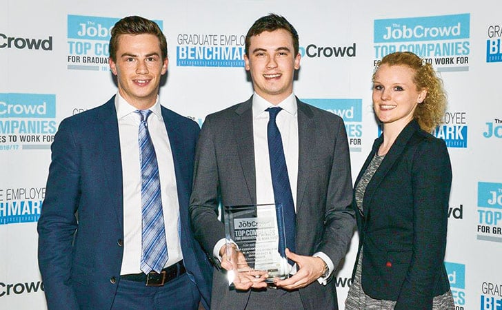 Three former graduates collecting the 2016/2017 Top Company award from TheJobCrowd (photo)