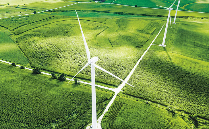 Windmills in a very green landscape from birds eye view (photo)
